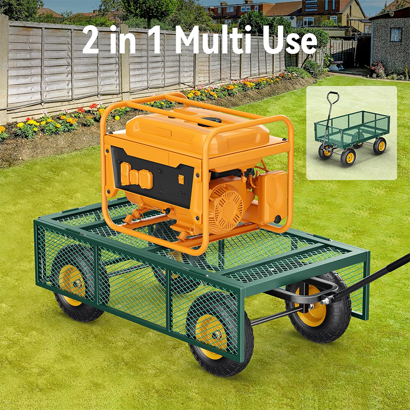 Steel Garden Cart, 2-in-1 900 lb Heavy Duty Utility Cart with Removable Mesh Sides Convertible to Flatbed, 240° U-Turn 10" Pneumatic Tire Garden Wagon for Farm Yard Lawn Garden Camping