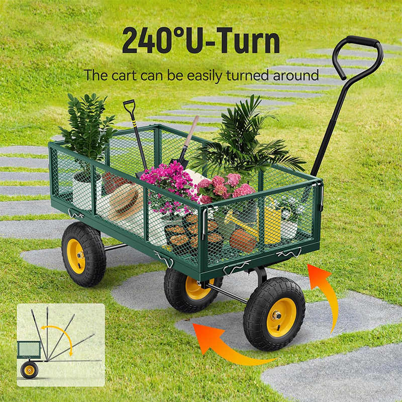 Steel Garden Cart, 2-in-1 900 lb Heavy Duty Utility Cart with Removable Mesh Sides Convertible to Flatbed, 240° U-Turn 10" Pneumatic Tire Garden Wagon for Farm Yard Lawn Garden Camping