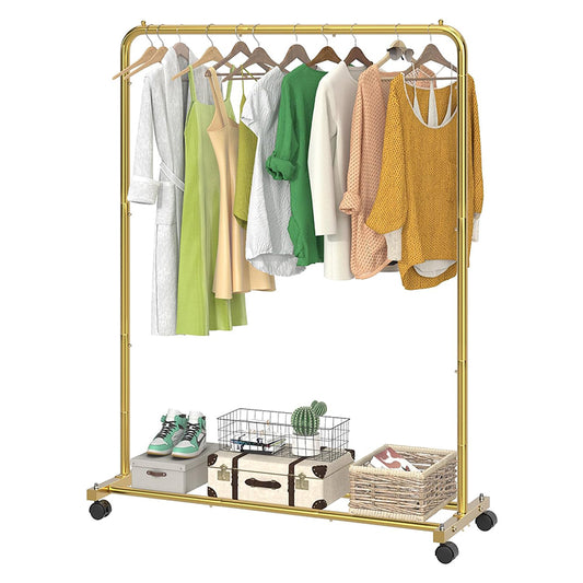 Golden Yellow Clothing Garment Rack with Storage Shelves Clothes Organizer on Wheels for Hanging Clothes