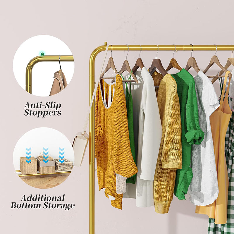 Golden Yellow Clothing Garment Rack with Storage Shelves Clothes Organizer on Wheels for Hanging Clothes