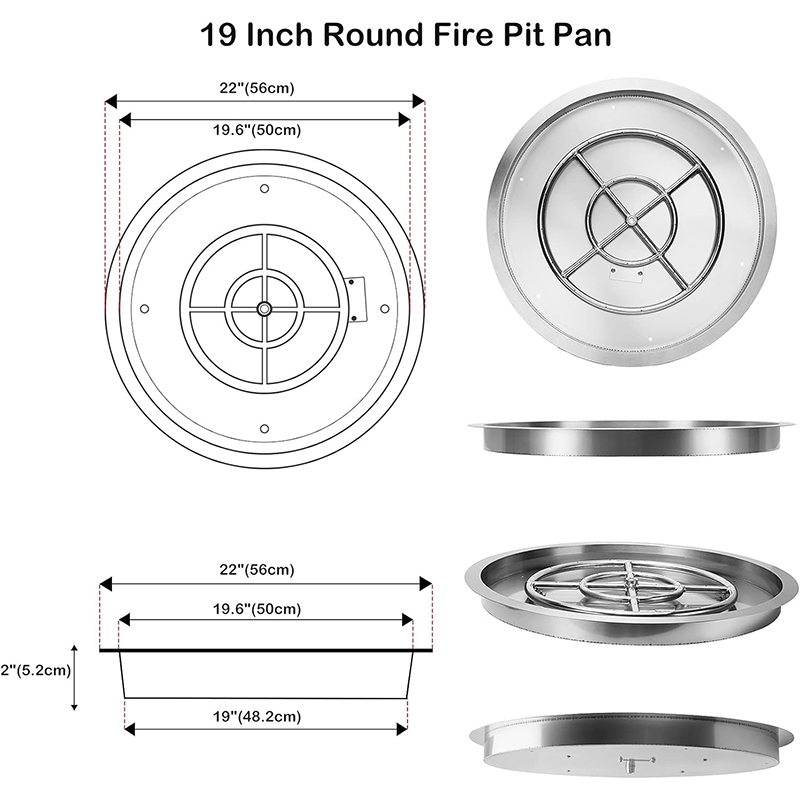 Gas Fire Pit Pan 19" Round Recessed Fire Bowl Kit Insert Spark Ignition Kit, Stainless Steel Gas Fire Bowl Burner Set for Outdoor and Indoor - Natural Gas