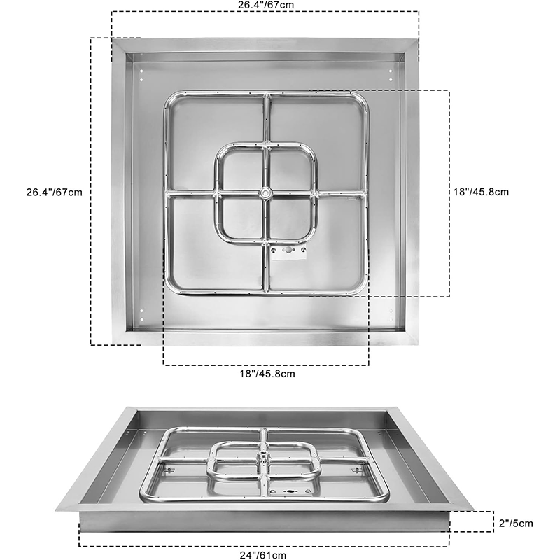 Square Stainless Steel Recessed Fire Pit Burner Ring and Pan Assembly, 24 Inch