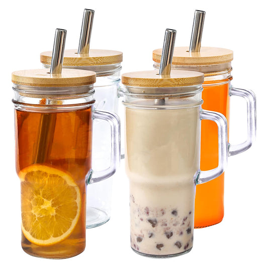 4 Pack 24oz Tumbler Glass Cup With Bamboo Lids And Straw Glass Cup With Handle