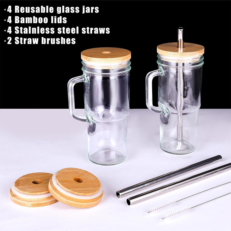 4 Pack 24oz Tumbler Glass Cup With Bamboo Lids And Straw Glass Cup With Handle