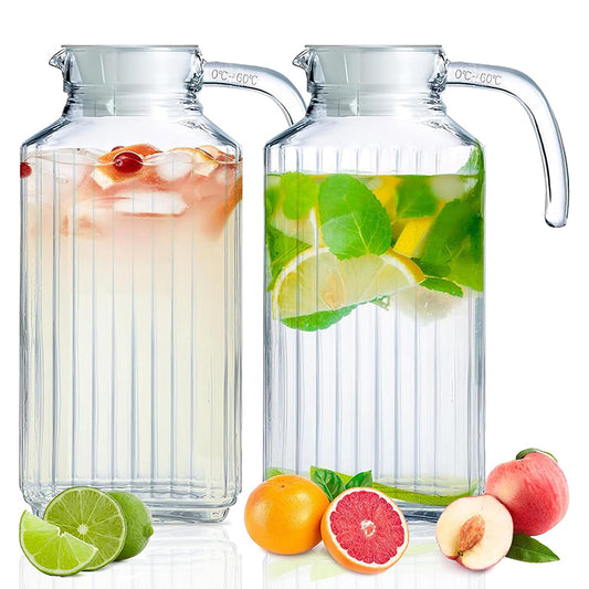 63oz 1800ml Glass Pitcher with Lid 2pcs Glass Fridge Pitcher with Handle Large Capacity Beverage Container Pitcher with Spout