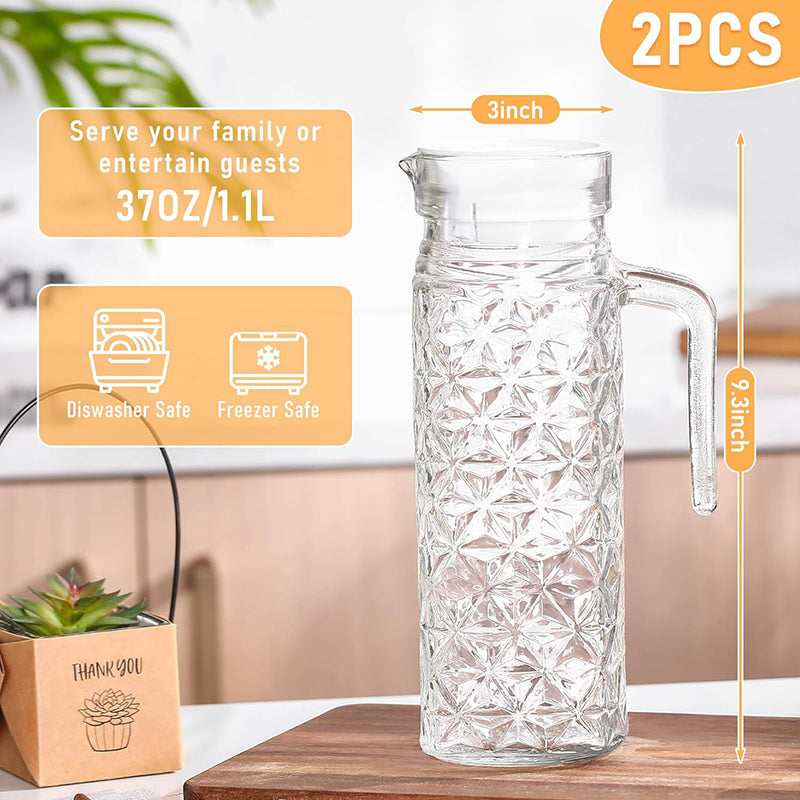 1.1L 2 Pcs Glass Pitcher with Lid Fridge Pitcher with Handle Glass Water Pitcher Juice Containers Milk Jug