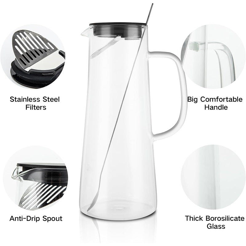 Glass Pitcher 51oz 1500ml Water Pitcher with Lid and Long Handle Spoon, Cold/Heat Resistant Borosilicate Glass Water Carafe