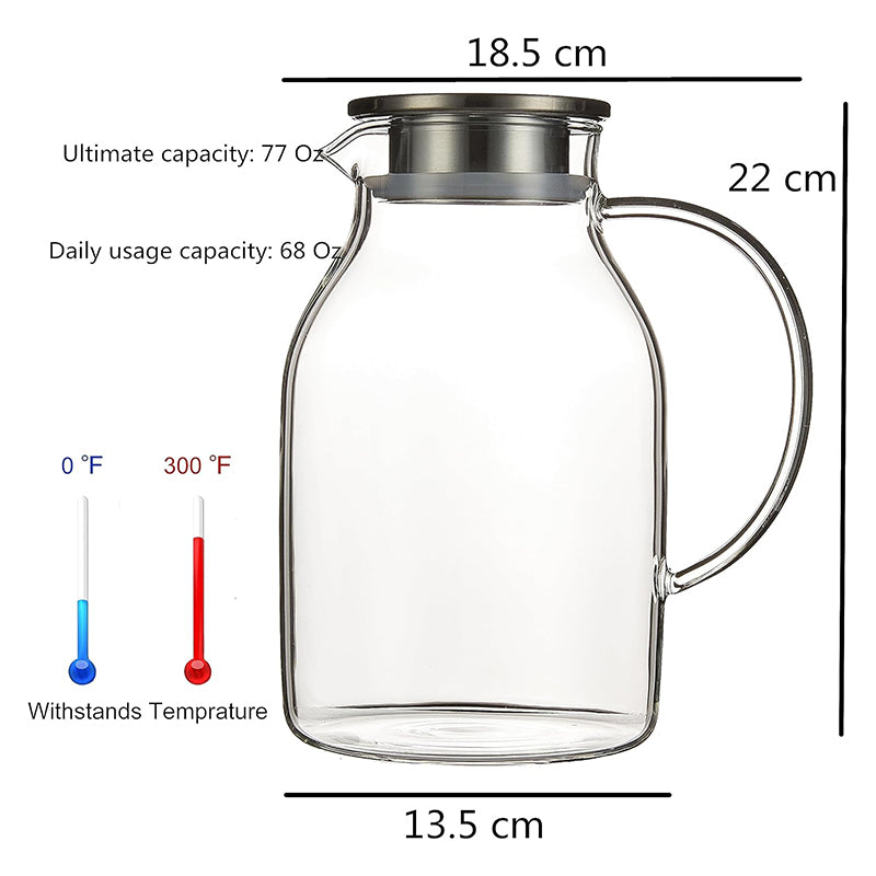 2L Glass Pitcher with Lid Heat Resistant Clear Water Jug for Hot/Cold Water, Ice tea and Juice Beverage