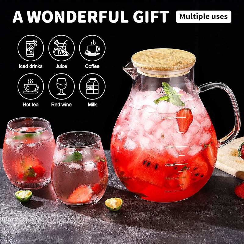 95oz 2800ml Heat Resistant Borosilicate Beverage Carafe for Juice and Iced Tea Large Glass Pitcher with Lid and Handle