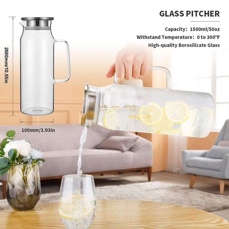 1500ml Water Pitcher Glass Pitcher with Lid and Handle Pitcher for Ice Tea and Homemade Juice Glass Carafe for Hot/Cold Water