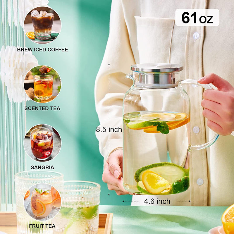 61oz 1.8L Glass Pitcher with Lid Hot & Cold Glass Water Pitcher with Handle, Iced Tea Pitcher Carafe for Coffee, Juice