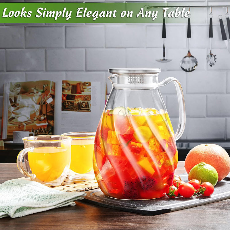 2.2L Water Pitcher with Lid & Handle Glass Pitcher Glass Jug Large Pitchers for Drinks Drink Dispensers