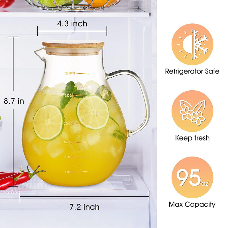 95oz 2800ml Heat Resistant Borosilicate Beverage Carafe for Juice and Iced Tea Large Glass Pitcher with Lid and Handle