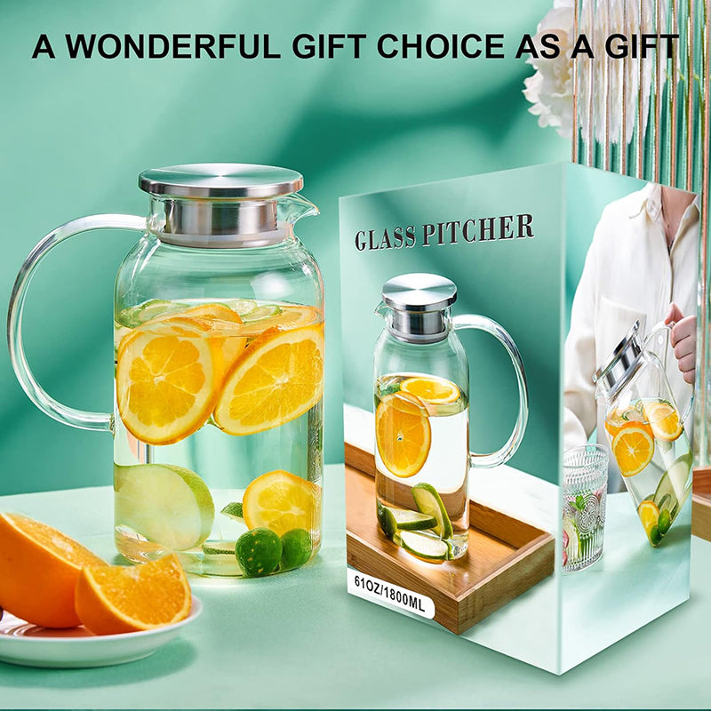 61oz 1.8L Glass Pitcher with Lid Hot & Cold Glass Water Pitcher with Handle, Iced Tea Pitcher Carafe for Coffee, Juice