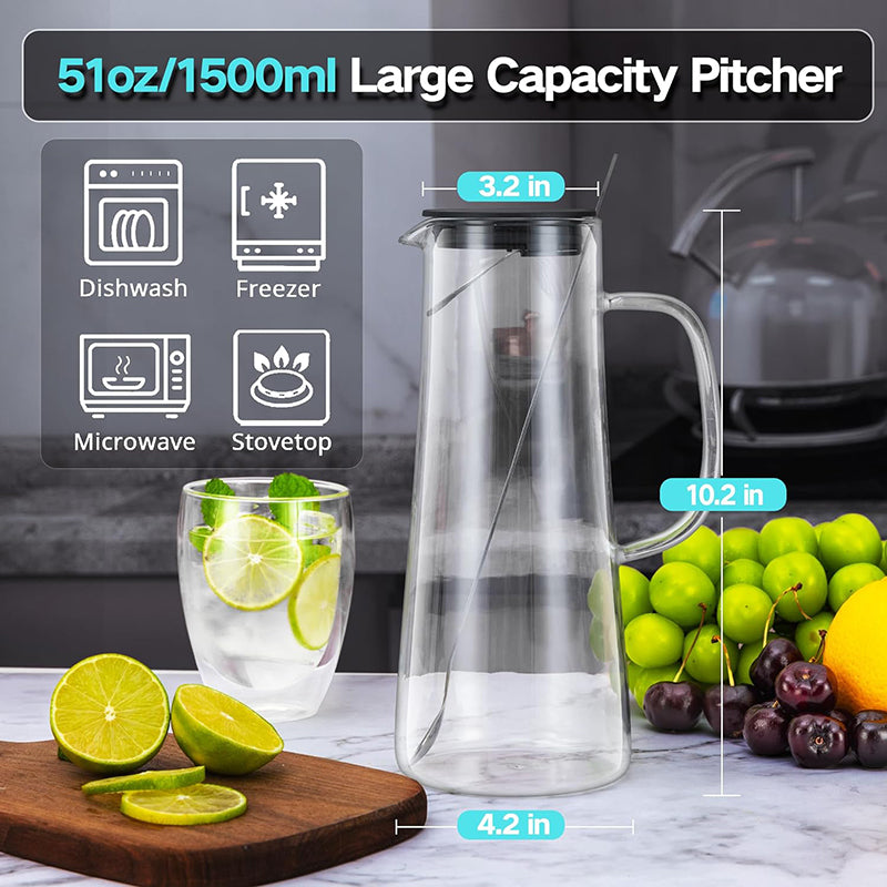 Glass Pitcher 51oz 1500ml Water Pitcher with Lid and Long Handle Spoon, Cold/Heat Resistant Borosilicate Glass Water Carafe