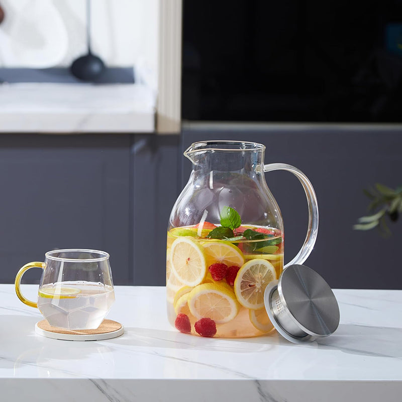 2L Glass Pitcher with Lid Heat Resistant Clear Water Jug for Hot/Cold Water, Ice tea and Juice Beverage