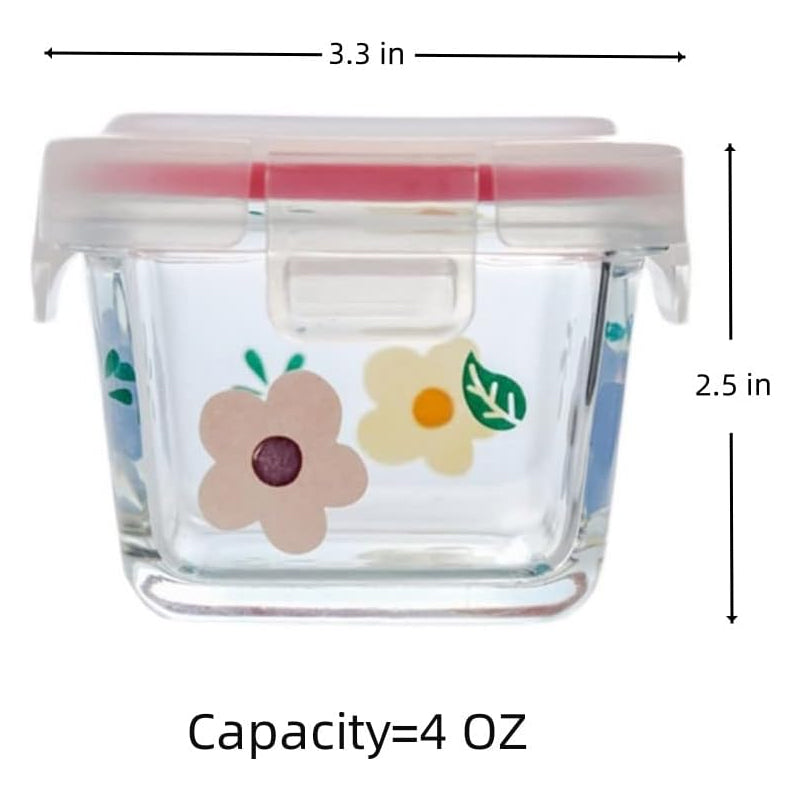 2 Pack 4 Oz Mini Square Glass Food Storage Containers With Lids,Floral Food Jars Small Glass Container For Food Portion, Sauce,Snack,Yogurt,Freezer Microwave Safe