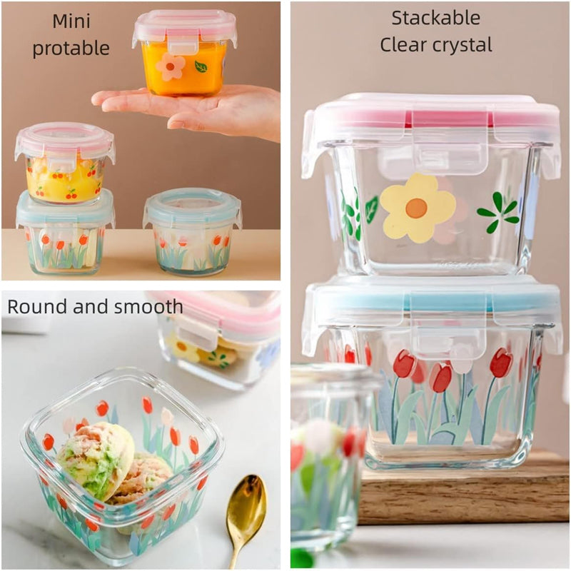 2 Pack 4 Oz Mini Square Glass Food Storage Containers With Lids,Floral Food Jars Small Glass Container For Food Portion, Sauce,Snack,Yogurt,Freezer Microwave Safe
