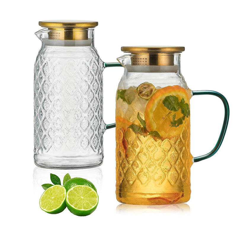 Heat Resistant Water Glass Jug Glass Pitcher with Lid, 2 PACK 2L Liter Vintage Water Pitcher for Cold Brew, Coffee, Lemonade, Iced Tea,Beverage