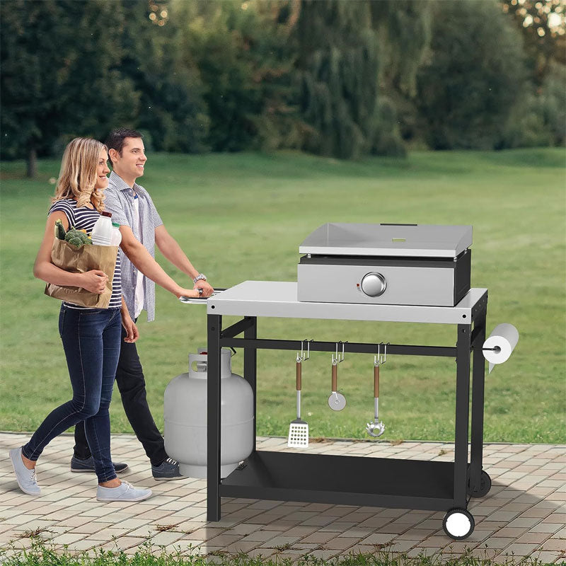 Grill Cart, Movable Cooking Cart With 3 Hooks And Side Handles