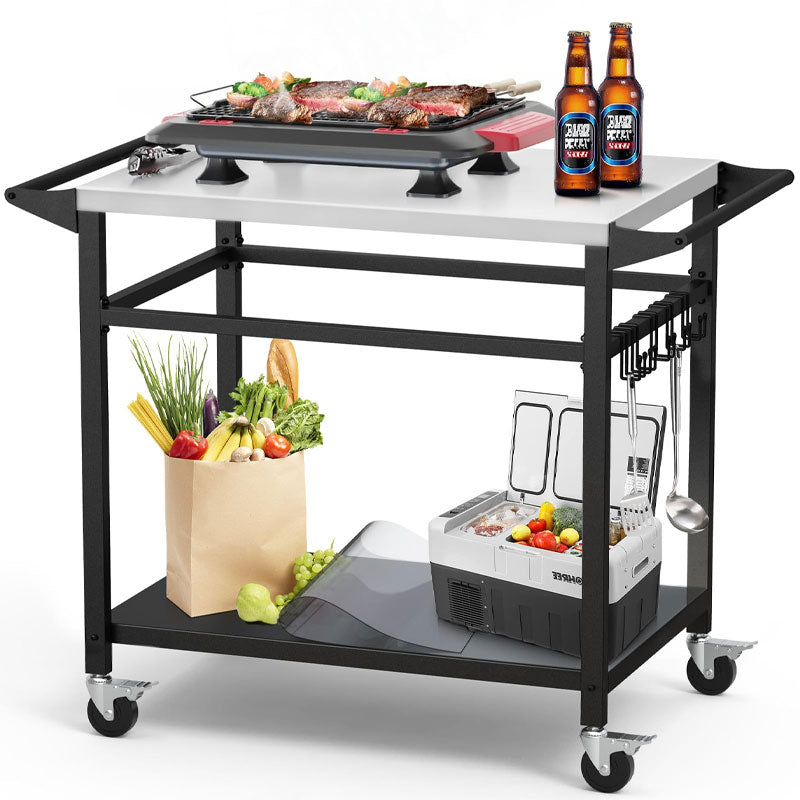 Double Rack Grill Table Moveable Stainless Steel Grill Cart Multifunctional Prep Table