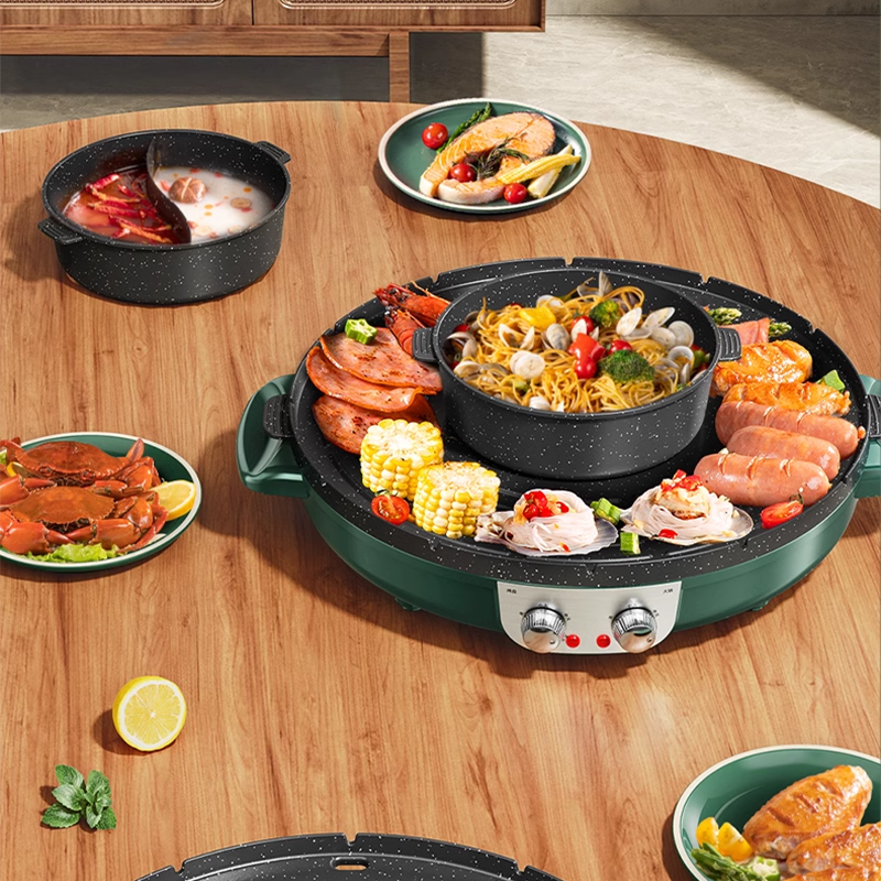 1800W Electric Hot Pot Grill Multifunctional Hot Pot Electric Grill Integrated Pot Household Less Smoke Korean Grill Pan Shabu-Shabu Grill Dual-Purpose Grilled Fish Grill Machine