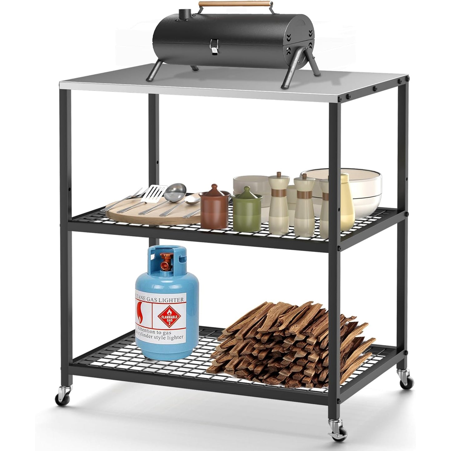 Food Prep Cart Table Outdoor Grill Cart Three-Shelf Grill Table with Wheels Stainless Steel Movable Pizza Oven Stand Trolley