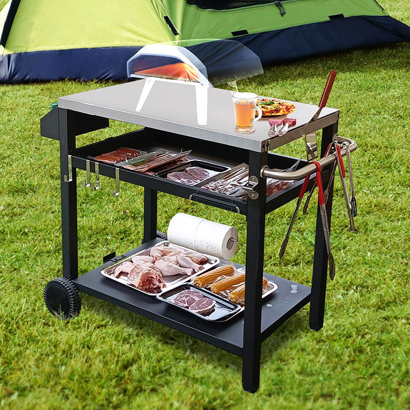 3-Shelves Outdoor Patio Kitchen Cooking Camping Grill Carts With Wheels Hooks Condiment Box Towel Holder Stainless Steel Tabletop