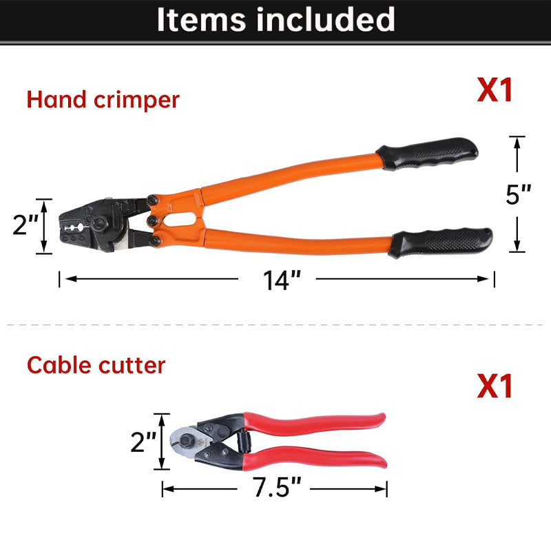 Hand Crimper 14'' Wire Rope Crimping Tool For Aluminum Copper Sleeve Ferrules 1/16" 5/64" 3/32" 7/64" 1/8" Cable Rail End Splice Terminals