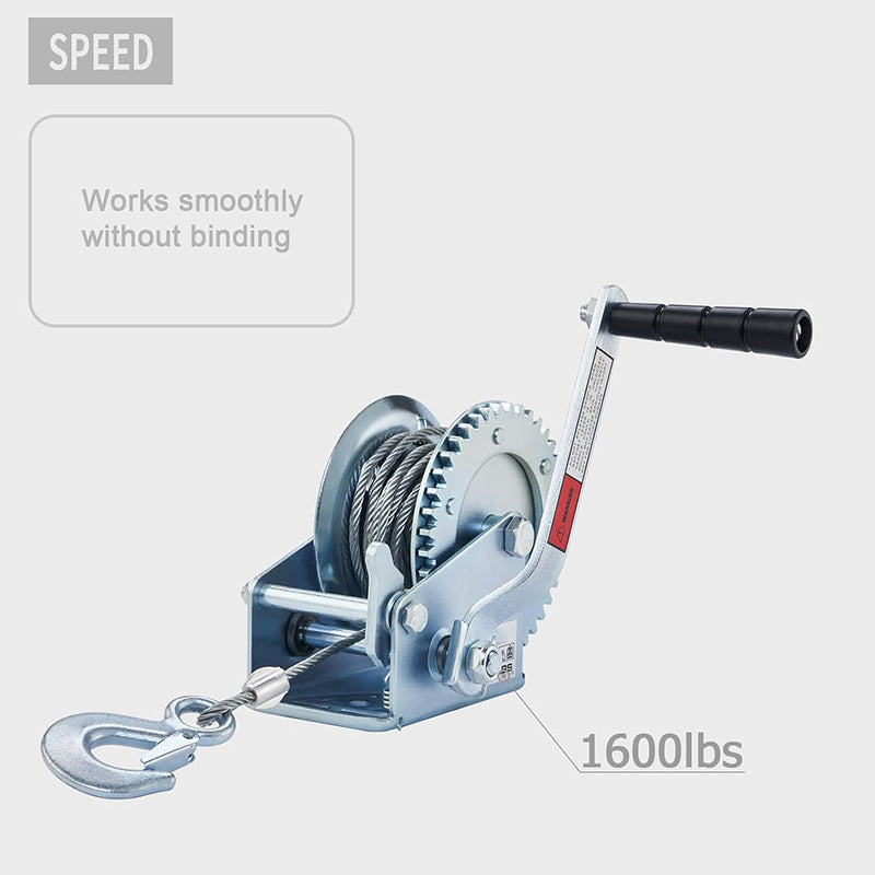 1600lbs Hand Winch Boat Winch with 10m Cable Manual Winches Adjustable Corrosion Resistant Towing Winches