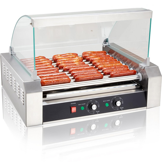 Hot Dog Roller, 30 Hot Dogs 11 Rollers Grill Cooker Machine With Removable Stainless Steel Drip Tray And Glass Hood Cover, 1430-Watts, Perfect For Commercial And Party