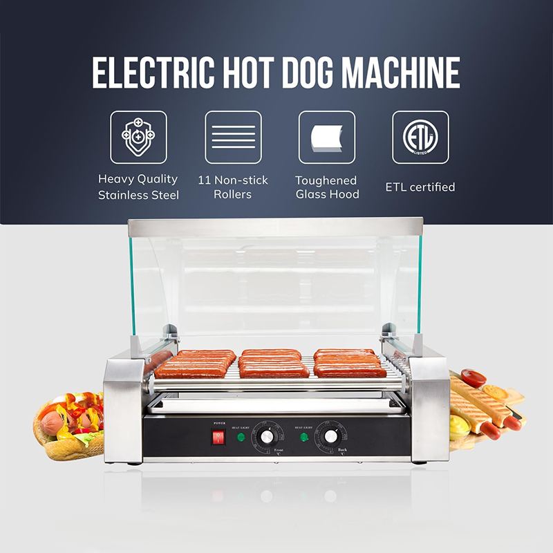 Hot Dog Roller, 30 Hot Dogs 11 Rollers Grill Cooker Machine With Removable Stainless Steel Drip Tray And Glass Hood Cover, 1430-Watts, Perfect For Commercial And Party