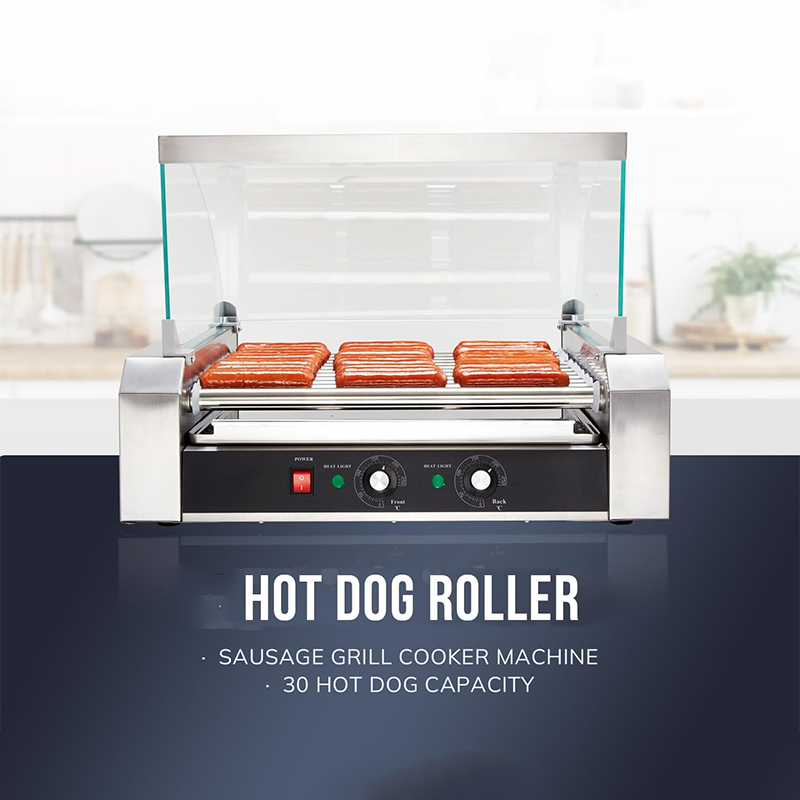 Hot Dog Roller, 30 Hot Dogs 11 Rollers Grill Cooker Machine With Removable Stainless Steel Drip Tray And Glass Hood Cover, 1430-Watts, Perfect For Commercial And Party