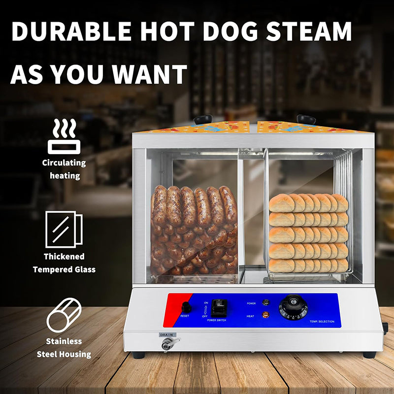Stainless Steel Hot Dog Steamer 36L Hot Dogs Warmer Cooker with Thickened Tempered Glass