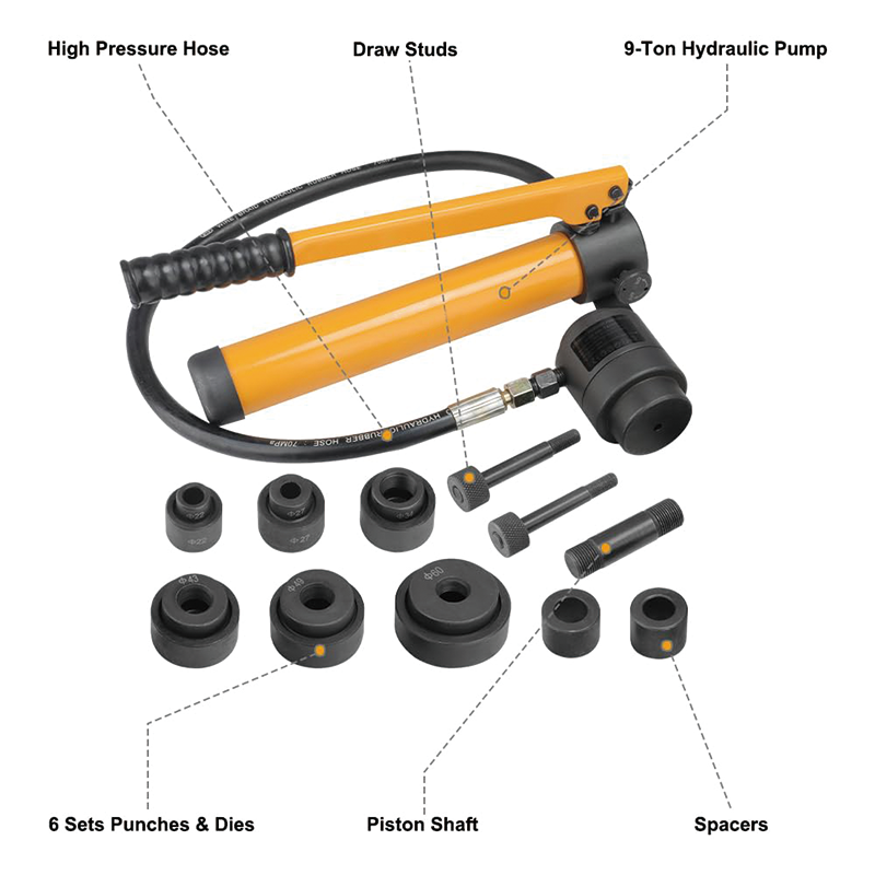 Hydraulic Knockout Punch Kit, 9 Ton Hydraulic Knockout Punch Kit Manual Knockout Hole Punch Driver Set for Stainless Steel, Mild Steel, and Sheet Metal