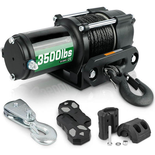 Towing Winches 12V 3500 lb Load Capacity Nylon Rope Winch with 2 Wireless Remotes &Wired Switch,with Mounting Plate,Pulley,Rope Damper