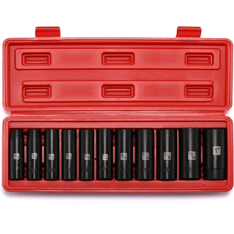 11 Pieces 1/2-Inch Drive Deep Impact Socket Set 6 Point CR-V Alloy Steel 3/8-Inch to 1-Inch