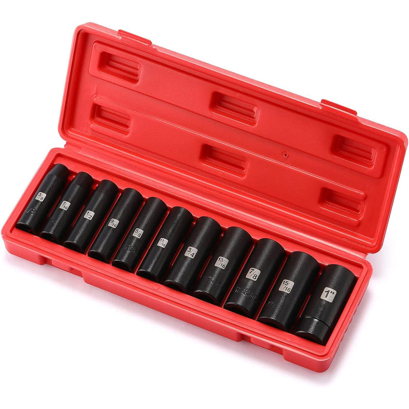 11 Pieces 1/2-Inch Drive Deep Impact Socket Set 6 Point CR-V Alloy Steel 3/8-Inch to 1-Inch