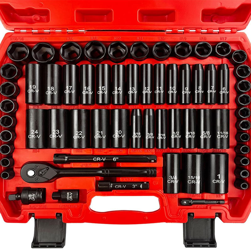 64pcs 3/8" Impact Socket Set SAE/Metric Deep & Shallow Cr-V Steel 6 Point with Adapters 72T Ratchet Handle Extension Bars Bit Adapter