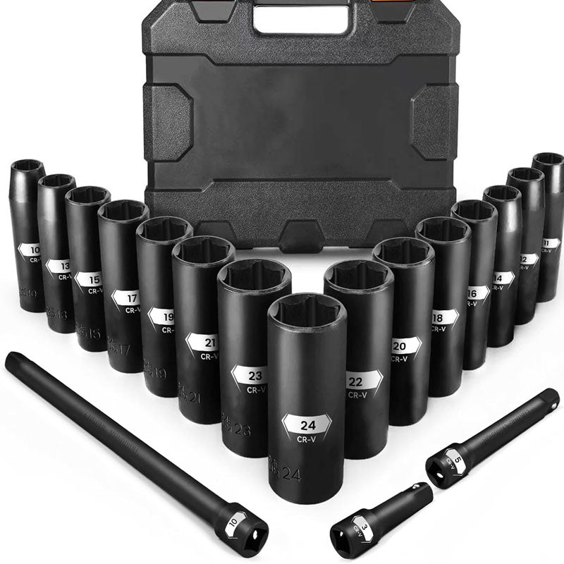 18PCS 1/2-Inch Impact Deep Well Metric Socket Set  Metric 10-24mm Include 3"  5"  10" Extension Bars 6 Point Chrome Vanadium Steel Socket Set