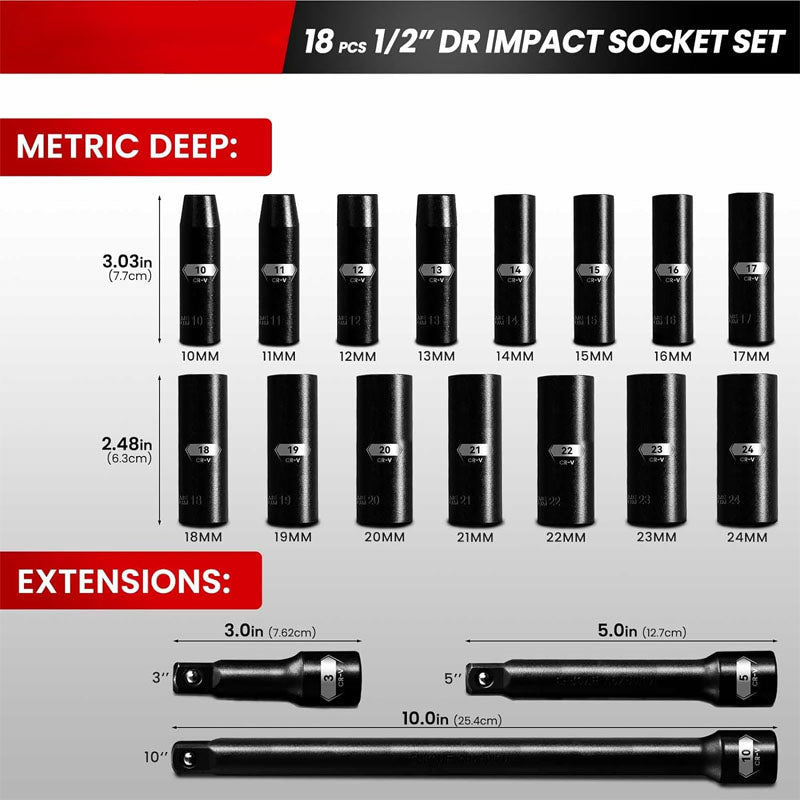 18PCS 1/2-Inch Impact Deep Well Metric Socket Set  Metric 10-24mm Include 3"  5"  10" Extension Bars 6 Point Chrome Vanadium Steel Socket Set