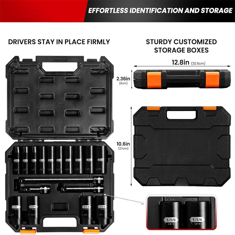 18PCS 1/2-Inch Impact Deep Well Metric Socket Set  Metric 10-24mm Include 3"  5"  10" Extension Bars 6 Point Chrome Vanadium Steel Socket Set