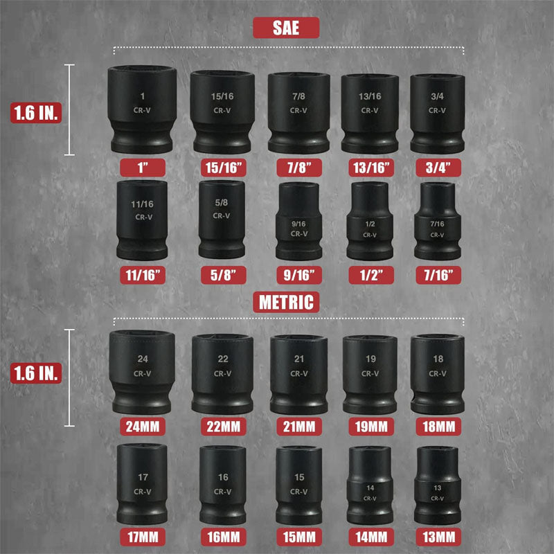 1/2" Drive Master Impact Socket Set 24-Piece Shallow Standard SAE (7/16-Inch to 1-Inch) & Metric (13-24 mm) Sizes