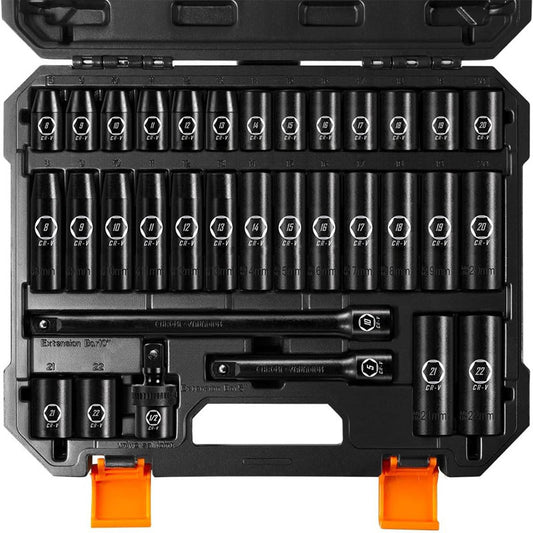 33 Piece 1/2" Drive Impact Socket Set Metric Socket Set 8mm to 22mm 6 Point Cr-V Alloy Steel 5" 10" Extension Bars