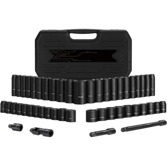 3/8" Drive Impact Socket Set 48 Piece Standard SAE and Metric Sizes (5/16 inch to 3/4 inch and 8-22mm) 6 Point Cr-V Steel Mechanic Socket Set