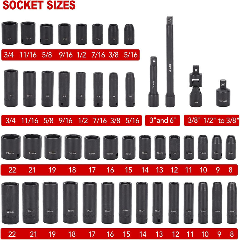 3/8" Drive Impact Socket Set 48 Piece Standard SAE and Metric Sizes (5/16 inch to 3/4 inch and 8-22mm) 6 Point Cr-V Steel Mechanic Socket Set