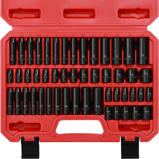 50-Piece 1/4 Inch Impact Socket Set 6-Point SAE/Metric 5/32 Inch - 9/16 Inch 4mm - 15mm Standard/Deep CR-V