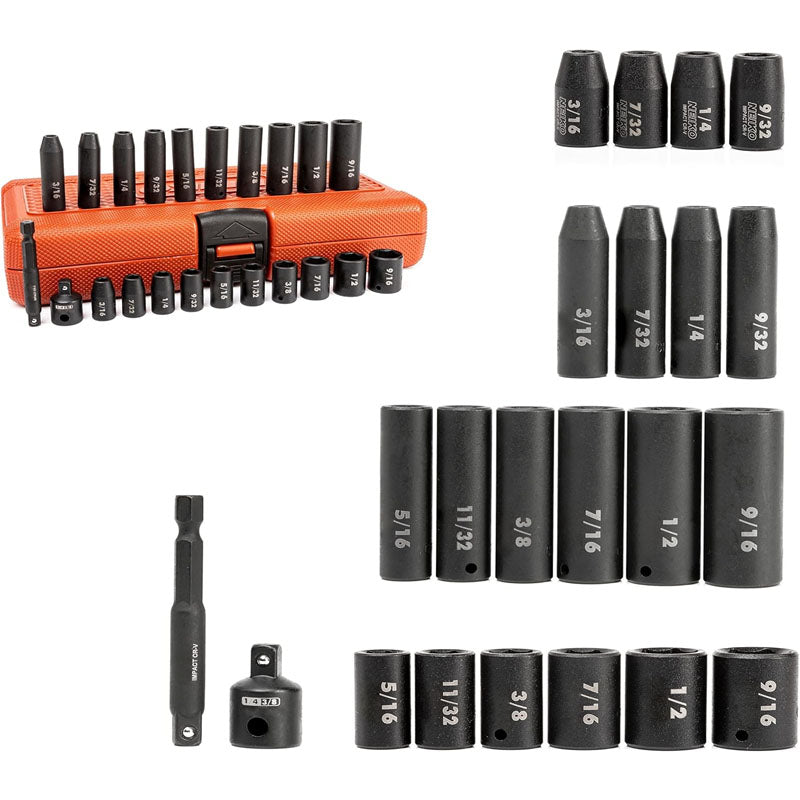 22 Piece 1/4 Impact Socket Set Standard 3/16” – 9/16” SAE Hex Shank Socket Impact Adapter 1/4 Drive Socket Set