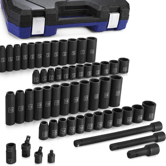 55 Piece 1/2" Drive Impact Socket Set with Extension Bars SAE and Metric Sockets with Enhanced Storage Case