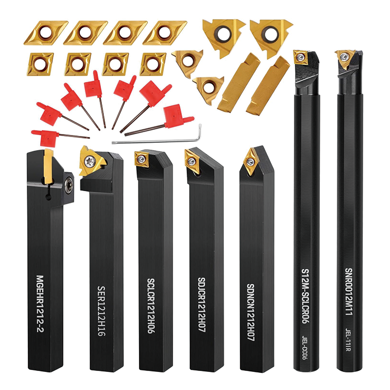 Indexable Carbide Lathe Tools,7PCS 1/2" Turning Holder Boring Bars with 14pcs Indexable Carbide Inserts,Super-Hard 40CR Lathe Bits Carbide Lathe Tool for Lathe Black Compact and Portable
